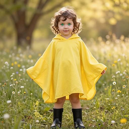 Photograph of a curly-haired toddler with green eyes, wearing a bright yellow raincoat and black boots, standing in a sunlit meadow with wild
