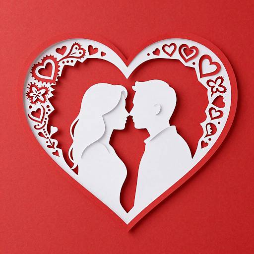 White silhouette of a couple kissing, framed in a red heart with ornate heart patterns, on a vibrant red background. Digital artwork.
