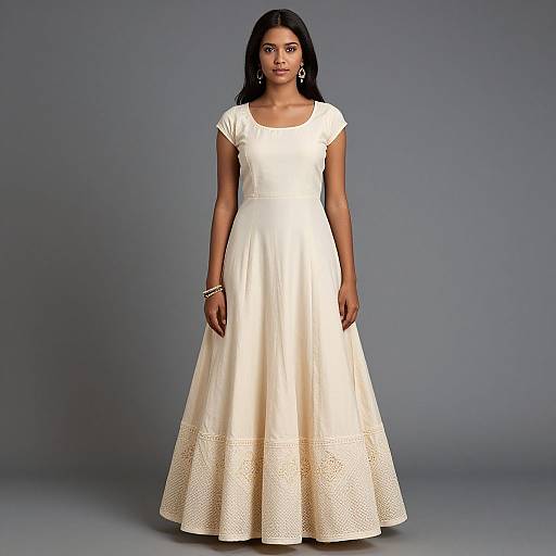 Photograph of an Indian woman with dark skin and long black hair, wearing a white, short-sleeved, full-length dress with lace trim,