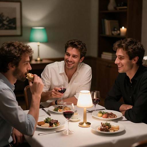 Intimate Dinner: Three Men in Reflection