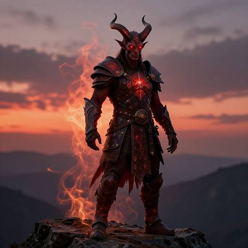 Digital artwork of a demonic warrior with glowing red eyes, horned helmet, and fiery armor, standing on a rocky cliff at sunset.