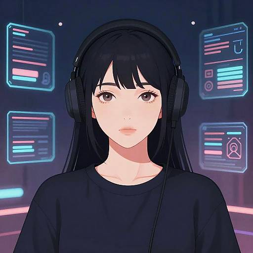 Digital anime-style portrait of a pale-skinned, black-haired girl with large headphones, wearing a black shirt, surrounded by neon blue and pink holographic
