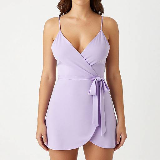 Photograph of a woman with light skin wearing a white, V-neck, sleeveless, wrap-style mini dress with a tied waist and thin straps.