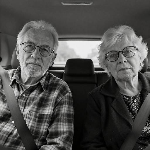 Elderly couple in car black and white