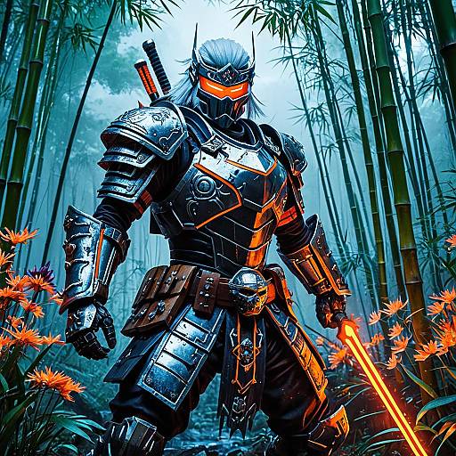 Neon Samurai in Cyber-Japanese Armor