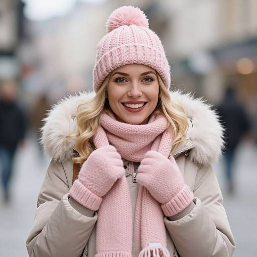 Photograph of a smiling blonde woman in a pink knit hat, scarf, gloves, and fur-trimmed coat, standing in a snowy urban street