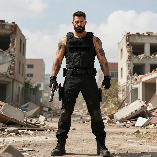 Photograph of a muscular, bearded man with tattoos, wearing black tactical gear and gloves, holding a pistol, standing in a ruined, debris-filled