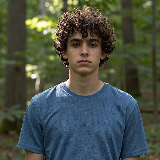 Serious Young Man in Sunlit Forest