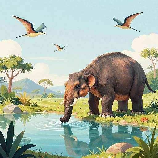 Digital illustration of a large, gray elephant drinking from a clear, reflective pond, surrounded by lush greenery and three flying birds. Bright, sunny sky