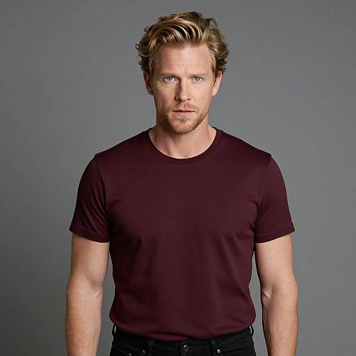 Photograph of a handsome, muscular man with blonde hair and blue eyes, wearing a maroon t-shirt, against a gray background.