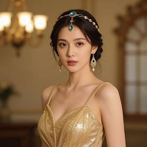 Photograph of an elegant Asian woman with fair skin, dark hair, wearing a gold, sequined dress and turquoise jewelry, adorned with a headpiece