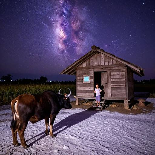 Photograph of a woman in white dress standing in front of a wooden hut at night, with a cow in foreground, under a stunning Milky Way galaxy