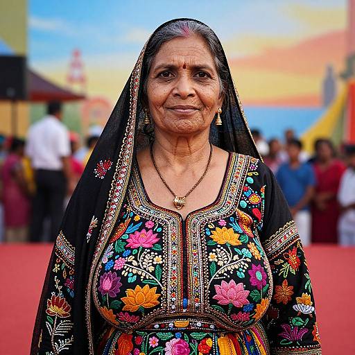 Photograph of an elderly Indian woman wearing a colorful, embroidered black sari with floral patterns, standing on a red carpet, with a blurred crowd and
