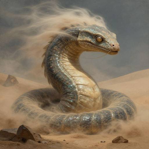 Digital artwork of a shimmering, blue-scaled dragon snake with a golden underbelly, coiled in a desert, surrounded by swirling sand and