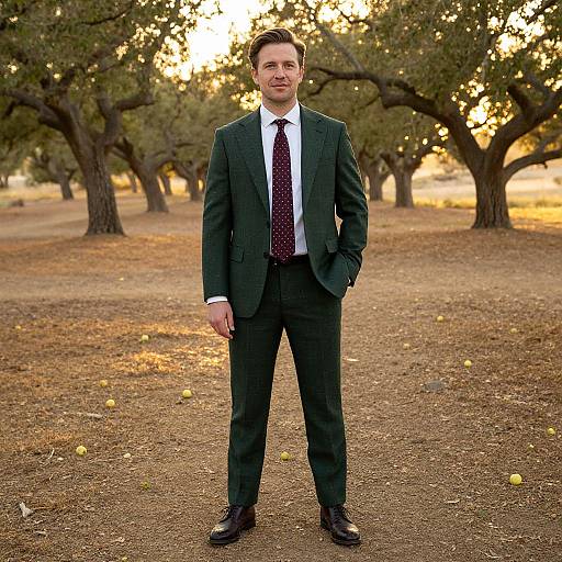 Photograph of a Caucasian man in a dark green suit, white shirt, and polka-dot tie standing in a sunlit orchard with trees and