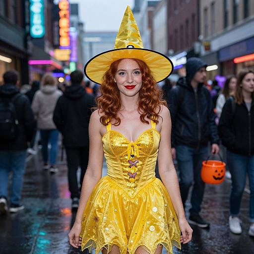 Photograph of a red-haired woman in a yellow witch costume with a pointed hat, red lips, and glowing eyes, walking in a rainy, neon
