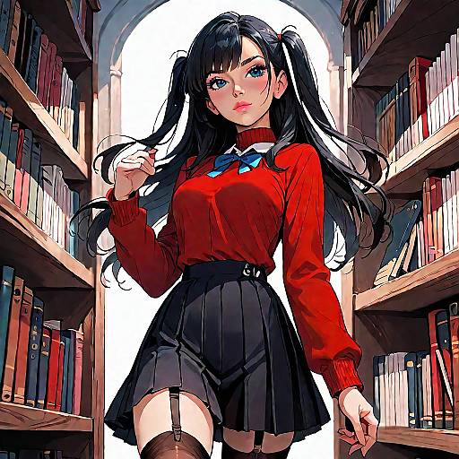 Anime Girl in Library with Twin Tails