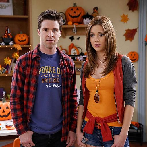 Photograph of a man and woman in Halloween-themed attire, standing in a decorated room with carved pumpkins and autumn decor.