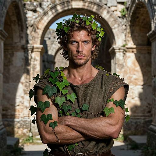 Photograph of a muscular, blue-eyed, bearded man with curly brown hair, wearing a leafy vine crown and tattered brown shirt, standing