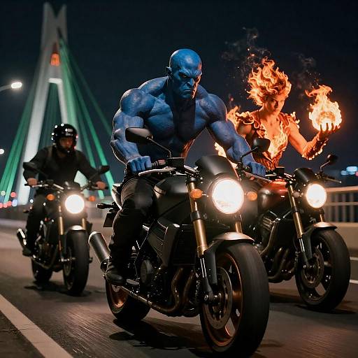 Blue Skinned Humanoid and Fiery Rider on Motorcycles at Night