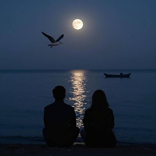 Couple Silhouettes by Moonlit Sea