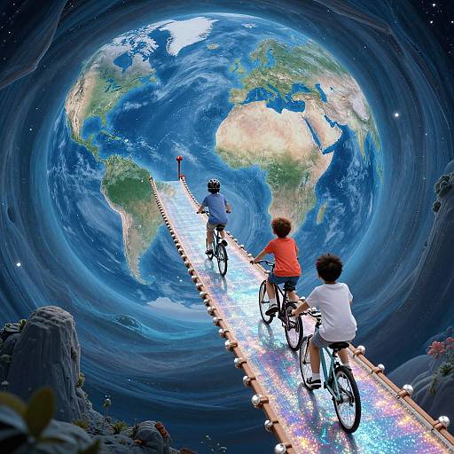 Photograph-style digital artwork: Three children in colorful shirts ride bicycles on a glowing, starry path leading to a vivid, swirling Earth in space.
