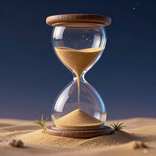 Photograph of a wooden-hourglass with sand, set against a dark blue night sky, standing on sandy desert ground with small plants.