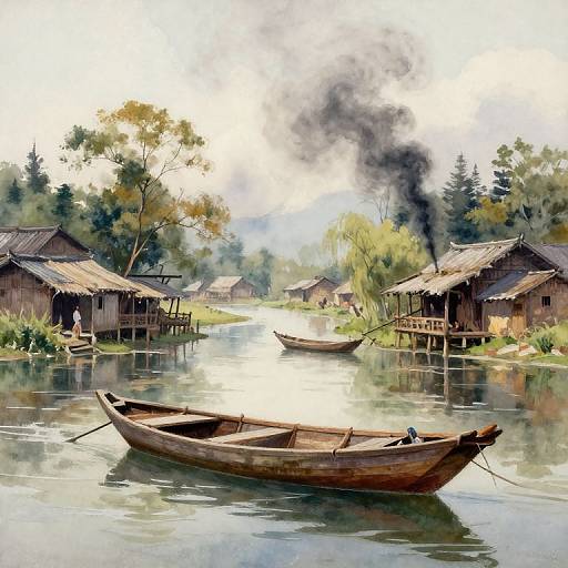 Watercolor painting of a serene riverside village with wooden houses, smoke rising from a chimney, and two empty boats on calm water.