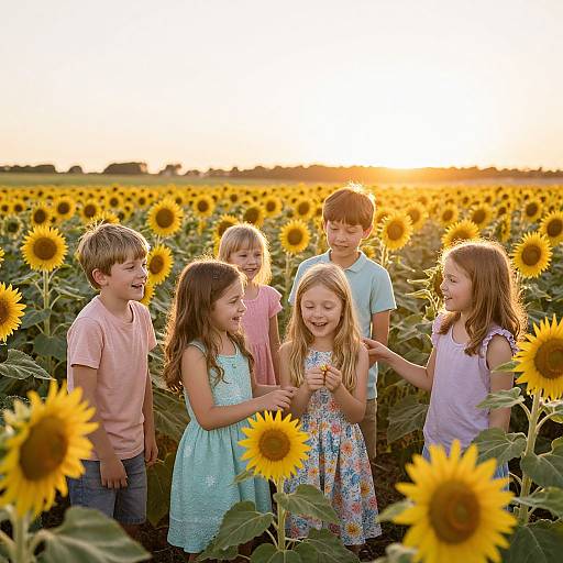 Photograph of five children laughing in a sunlit sunflower field at sunset, wearing colorful summer clothes, surrounded by tall sunflowers.