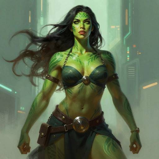 Green-Skinned Futuristic Warrior Woman Portrait