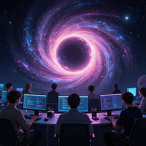 Digital art: Six programmers at desks, facing computer screens, against a vibrant, swirling galaxy backdrop with a glowing central spiral.