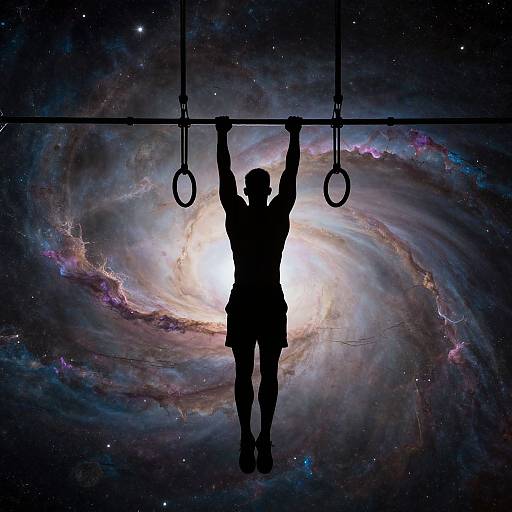 Silhouetted person hanging from gymnastic rings against a vibrant, swirling galaxy background. Dark figure contrasts with colorful, cosmic nebula. Photographic