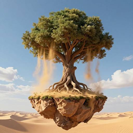 Photorealistic CGI of a floating tree with gnarled roots and green foliage, hovering above a rocky desert island under a bright blue sky with white