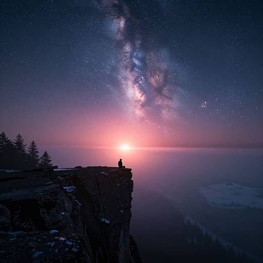 Silhouetted person on cliff, gazing at Milky Way over ocean at sunset. Star-filled night sky, dark trees on left, reflective water