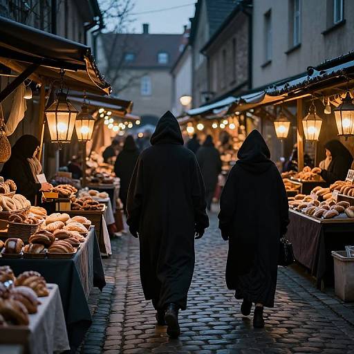 Photograph of a cobblestone street market at dusk, two hooded figures walking past warm-lit stalls with trays of pastries.
