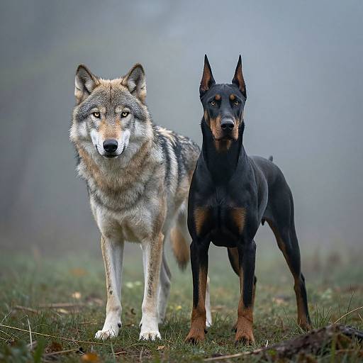 Fierce Wolf-Doberman in Misty Forest