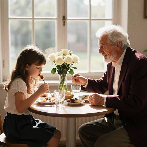 Elderly Man and Young Girl Dining Together