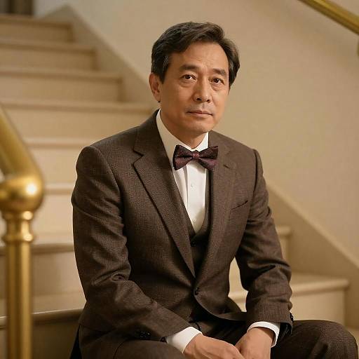 Middle-aged Man in Brown Suit Sitting on Staircase