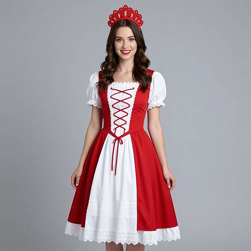 Photograph of a smiling woman with fair skin, long dark hair, wearing a red and white dress with lace trim, red lace-up bodice,