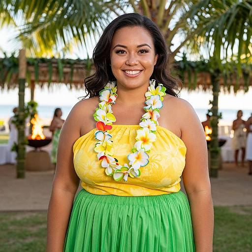 Photograph of a smiling, curvy woman with dark hair wearing a yellow strapless top, green skirt, and a flower lei, standing outdoors with