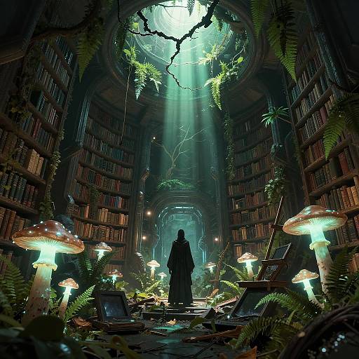 Bioluminescent Underground Library Scene