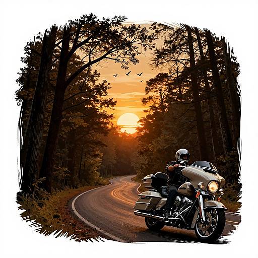 Digital illustration of a motorcyclist in black gear and helmet, riding a white motorcycle on a curved forest road at sunset, surrounded by tall, dark