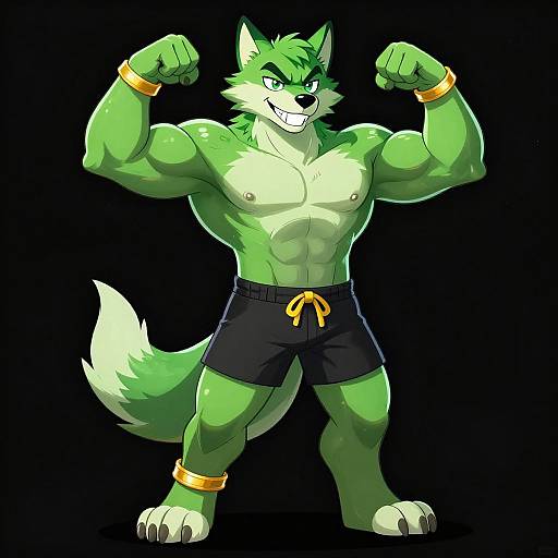 Anthropomorphic green wolf flexing muscles, wearing black shorts with yellow tie, and gold wristbands, against black background, digital art.