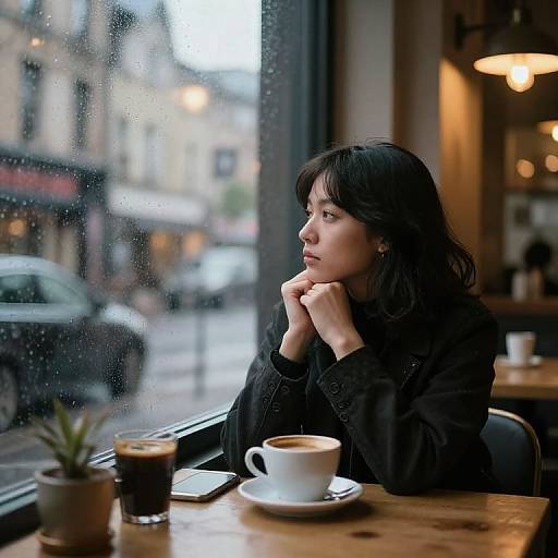 Photograph of a pensive Asian woman with black hair, in a black coat, sitting at a rainy café window, sipping coffee. Urban street
