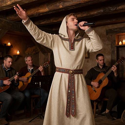 Male singer in medieval-style beige robe with brown trim, holding microphone, raises right hand, backed by three musicians playing acoustic guitars. Dimly lit,