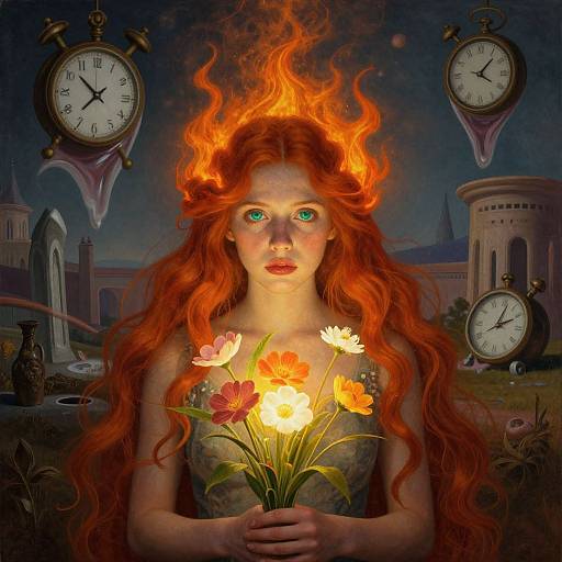 Digital painting of a red-haired woman with fiery hair, holding vibrant flowers, surrounded by floating clocks, in a dark, surreal landscape.