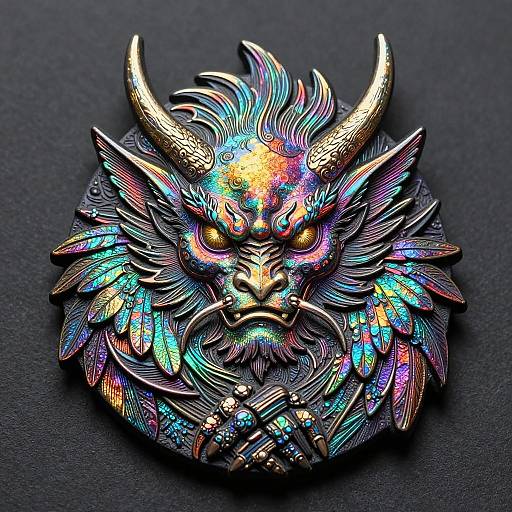 Detailed, vibrant, metallic dragon head pendant with iridescent blue, purple, and gold hues, featuring sharp horns and intricate feather-like textures, set