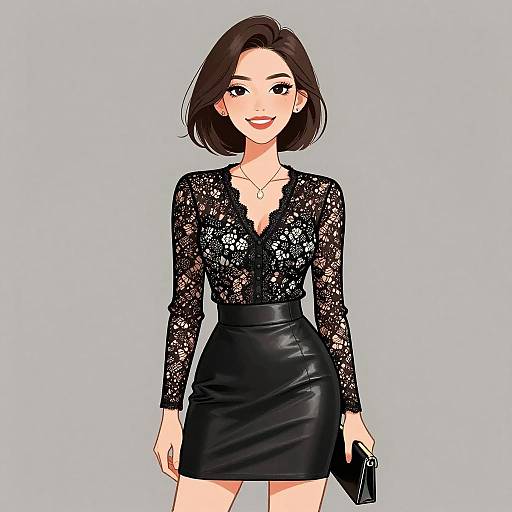 Digital anime-style drawing of a smiling woman with short brown hair, wearing a black lace top and leather skirt, holding a black clutch. Light blue background