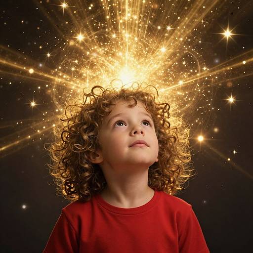 Photograph of a curly-haired young boy in a red shirt, gazing upward at a radiant golden starburst background.