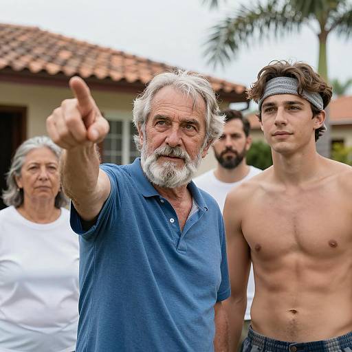 Older Man Pointing Outdoors with Group